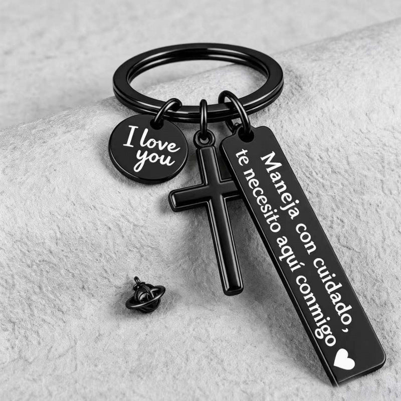 Wholesale Stainless Steel Engraved Motorcycle Keychain Couple Car Hanging Gift With Spanish Love Message