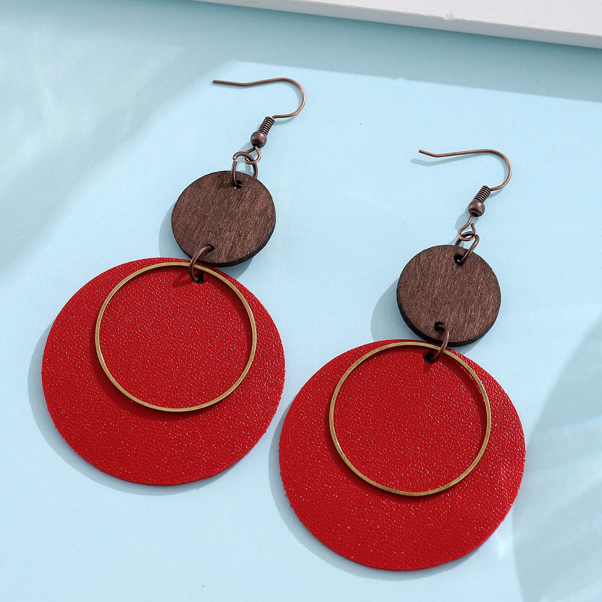 Wholesale Bohemian red black round geometric panel drop earrings
