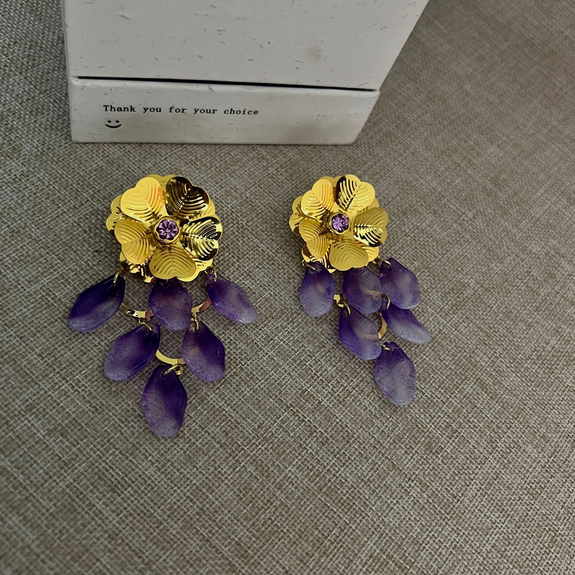 Wholesale Golden Flower Purple Pendant Long Earrings