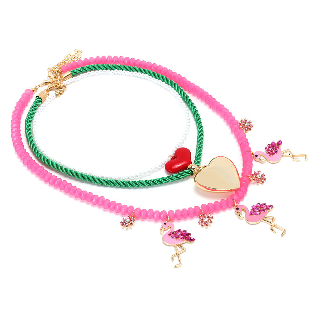 Wholesale Summer Light Luxury Style Oil Dripping Flamingo Heart Pendant Necklace