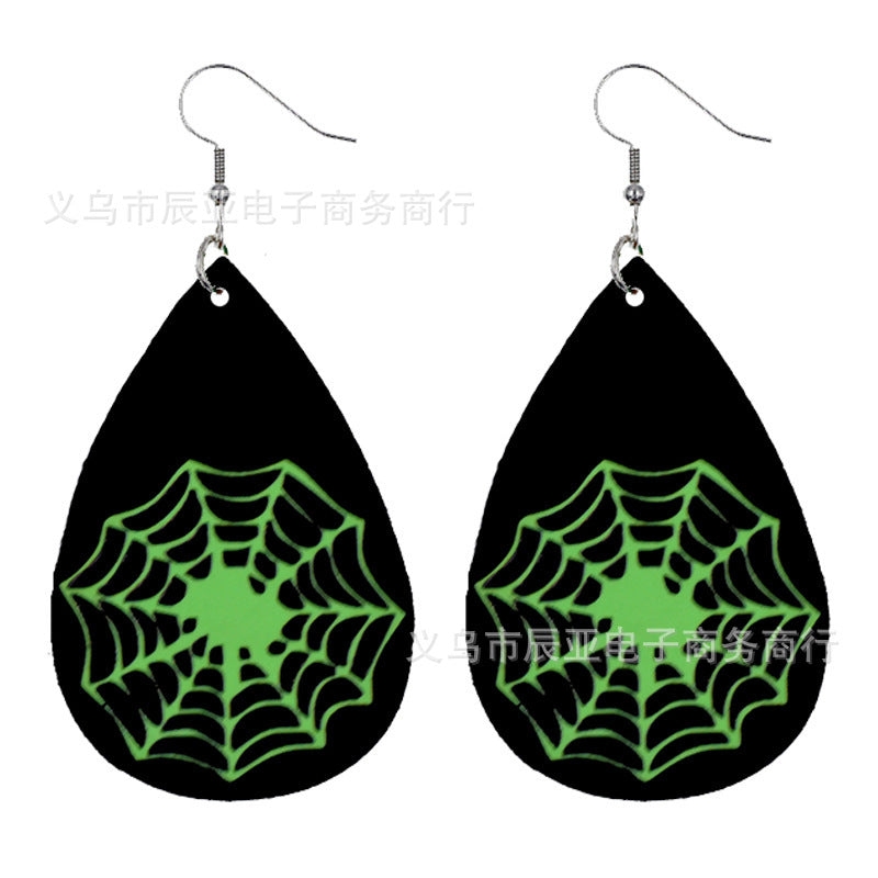 Wholesale Halloween Pumpkin Skull Fluorescent Green Luminous Leather Earrings ACC-ES-ChenY039