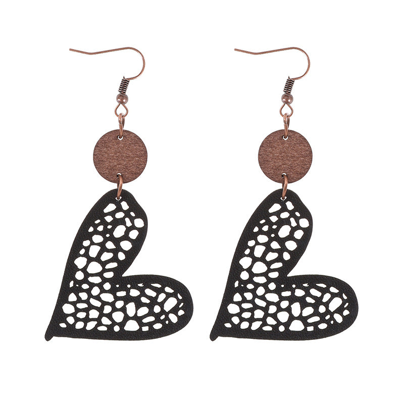 Wholesale Valentine's Day Love Wood Pieces Hollow Mesh Leather  Earrings