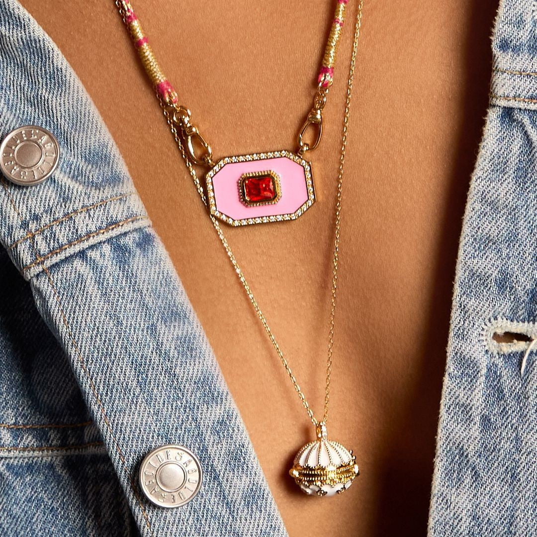 Wholesale Colorful Tarot Square Card Pink Oil Drop Diamond Necklace