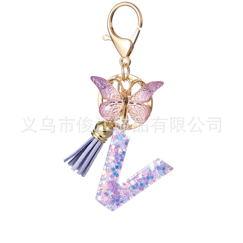 Wholesale Purple Star Tassel Resin Keychain 26 English Letters Bag Charm For Women Students Fashion Decorative Accessory