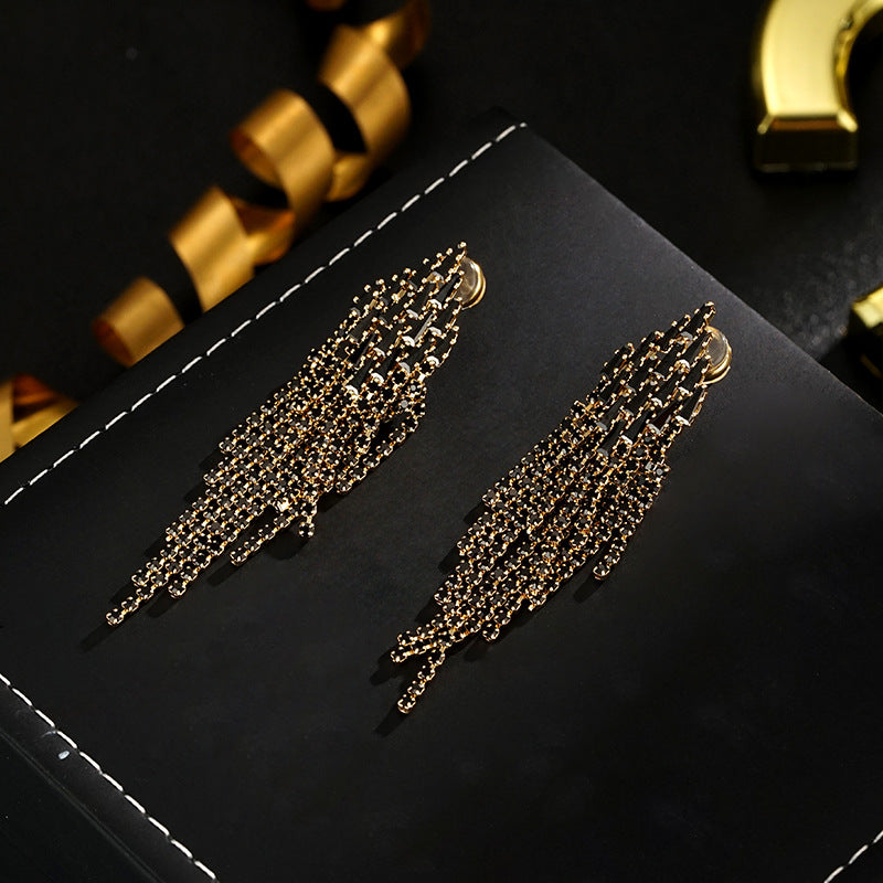 Wholesale 925 Silver Needle Light Luxury Geometric Zircon Long Tassel Earrings