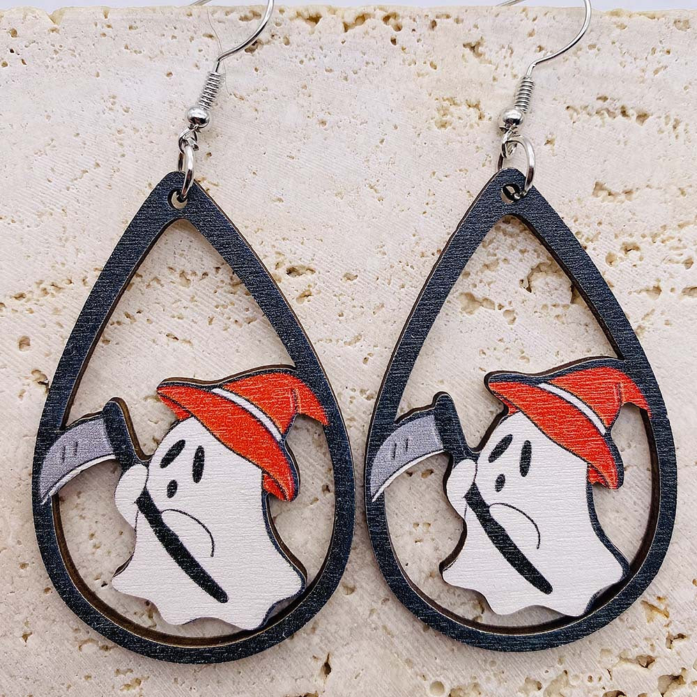Wholesale Ghost Pumpkin Printed Pendant Earrings Halloween Wooden Earrings