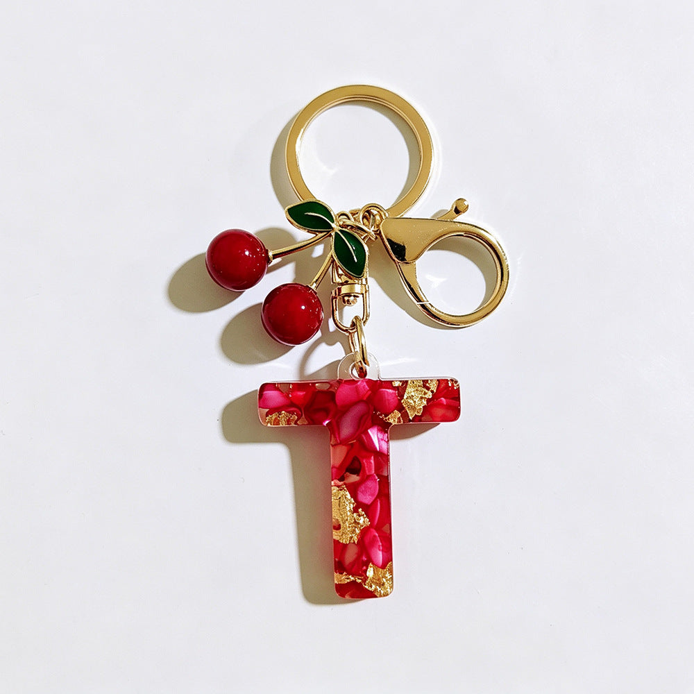 Wholesale Stylish Letter Keychain With Cute Cherry Pendant Plastic Bag Charm And Car Key Accessory Gift