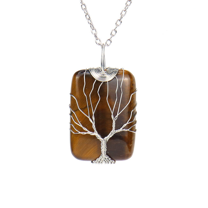 Wholesale Handmade Wire Wrapped Rectangular Tree Of Life Pendant Necklace Natural White Crystal Agate Jewelry Accessory For Resale