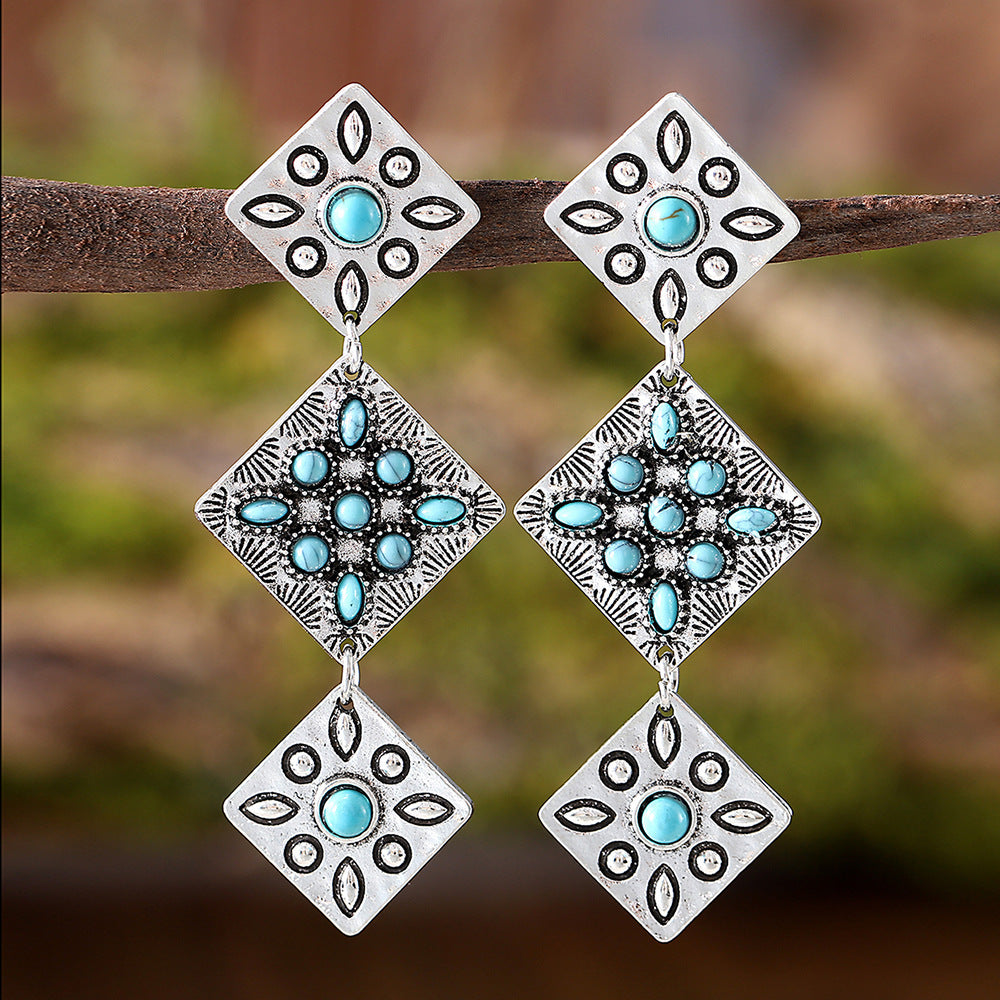 Wholesale Zinc Alloy Electroplated Retro Western Geometric Pendant Earrings Fashion Accessory