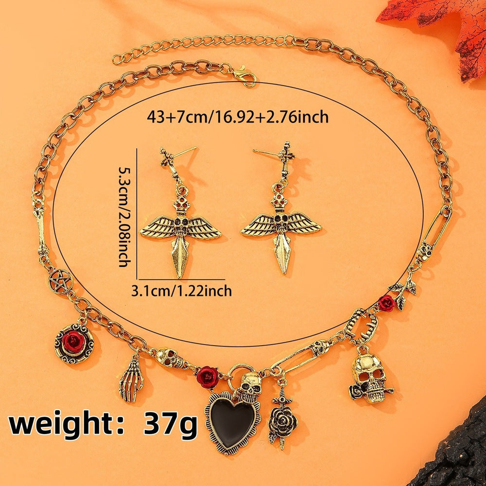 Wholesale  Punk Skull Vampire Necklace and Earrings Set Gothic Fashion Accessory Party Gift Boutique