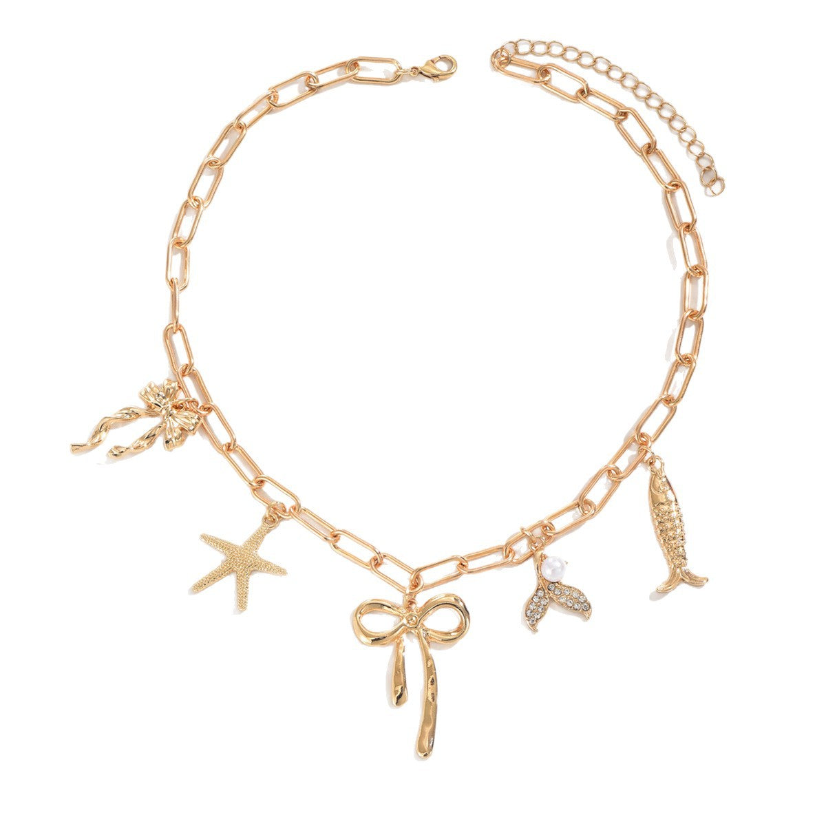 Wholesale diamond-encrusted fish tail five-pointed star  bow multi-pendant necklace