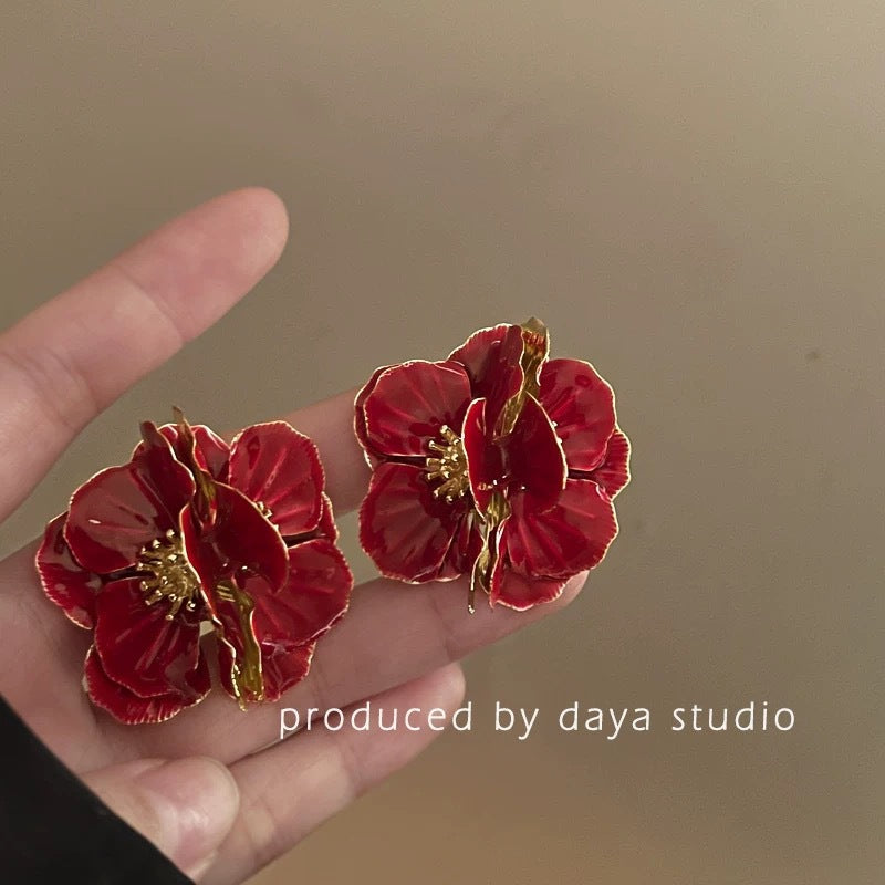 Wholesale Embossed Hazy Blue Vintage Drip Glaze Rose Flower Zircon Earrings