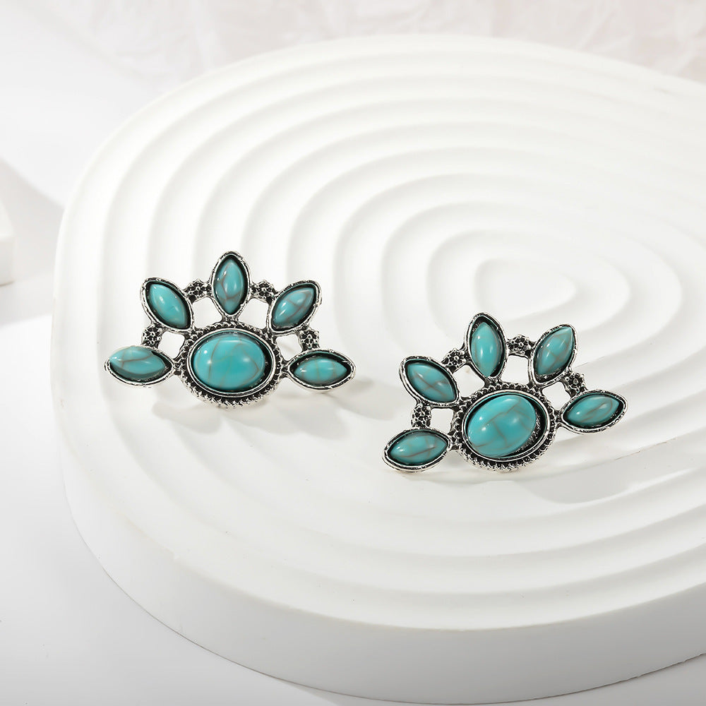 Wholesale Retro Bohemian fan-shaped turquoise earrings