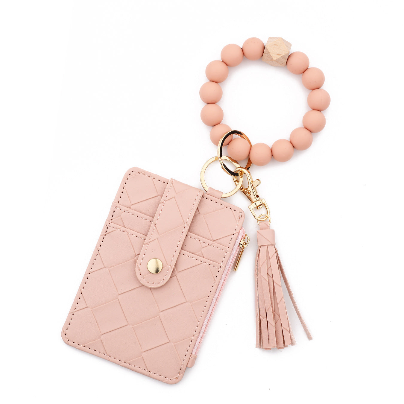 Wholesale Silicone Bead Bracelet Plaid Card Bag PU Leather Wristlet Keychain