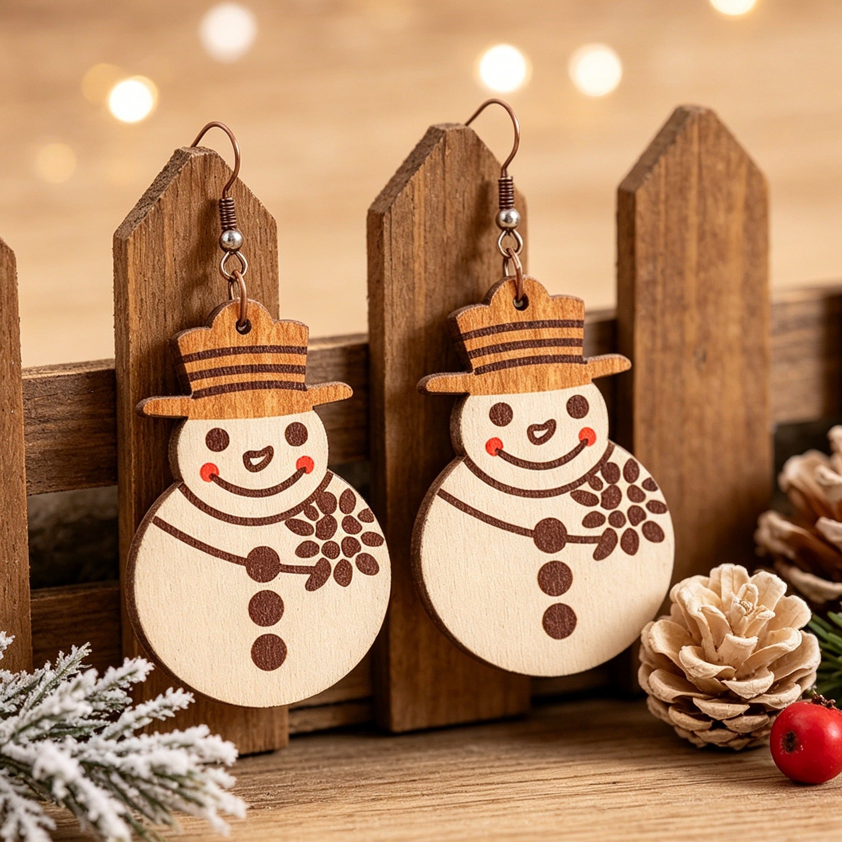 Wholesale Christmas Cartoon Snowman Wooden Earrings Smiling Snowman With Hat And f Holiday Party Jewelry Gift