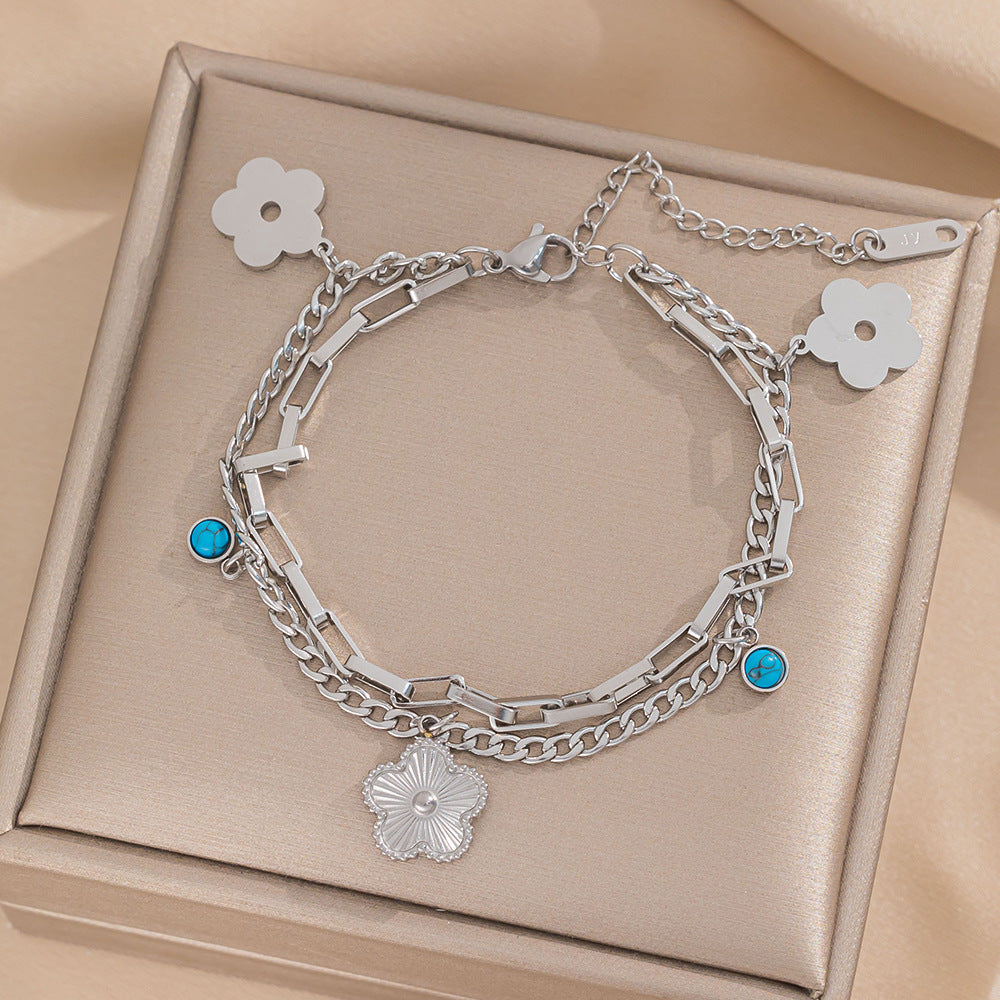 Wholesale Titanium Steel Double Layer Stacking Five Leaf Flower Bracelet ACC-BT-NaBao002