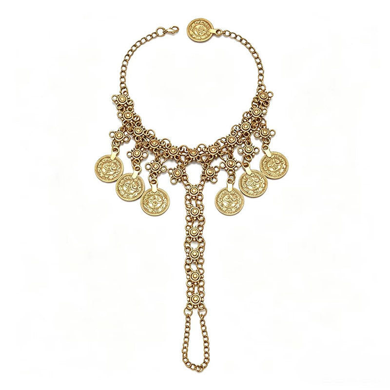 Wholesale Retro Ethnic Style Coin Tassel Finger Bracelet Women Alloy Gold Hand Chain Jewelry Accessory for Gift Boutique Resale