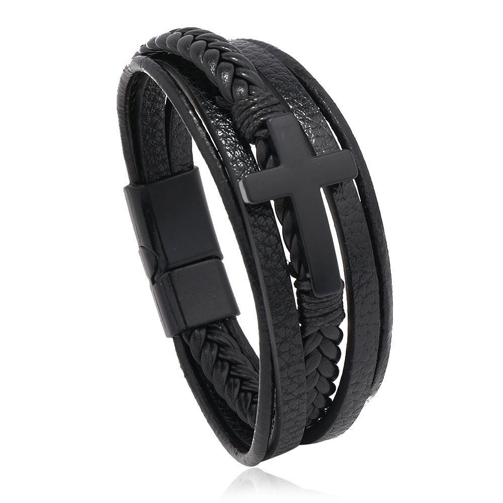 Wholesale Men's Braided Leather Magnetic Clasp Cross Alloy Bracelet