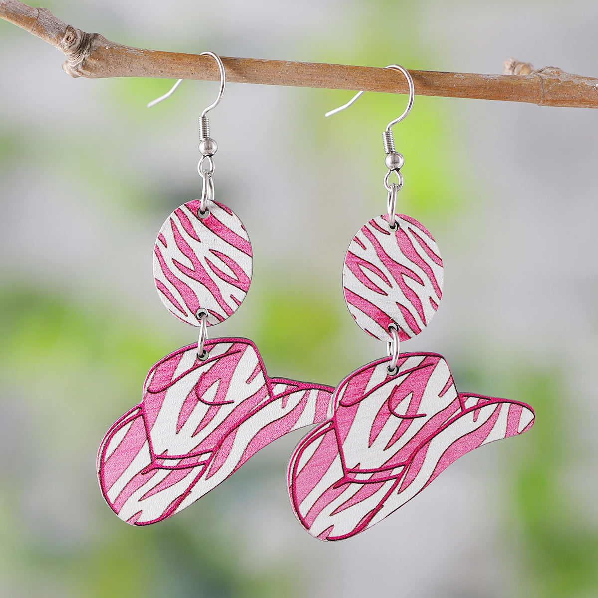 Western style pink leopard print zebra wooden double-sided earrings