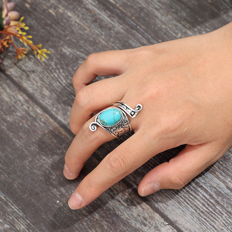 Wholesale Vintage style open inlaid synthetic turquoise alloy ring