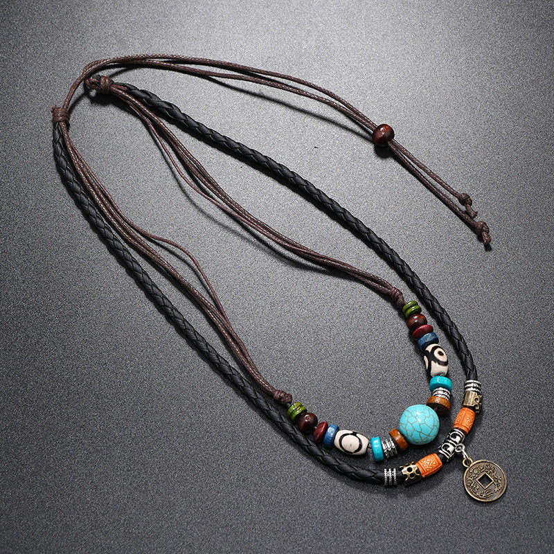 Wholesale Vintage Multi-layer Turquoise Beaded Braided Leather Necklace Men Necklaces ACC-NE-PK002