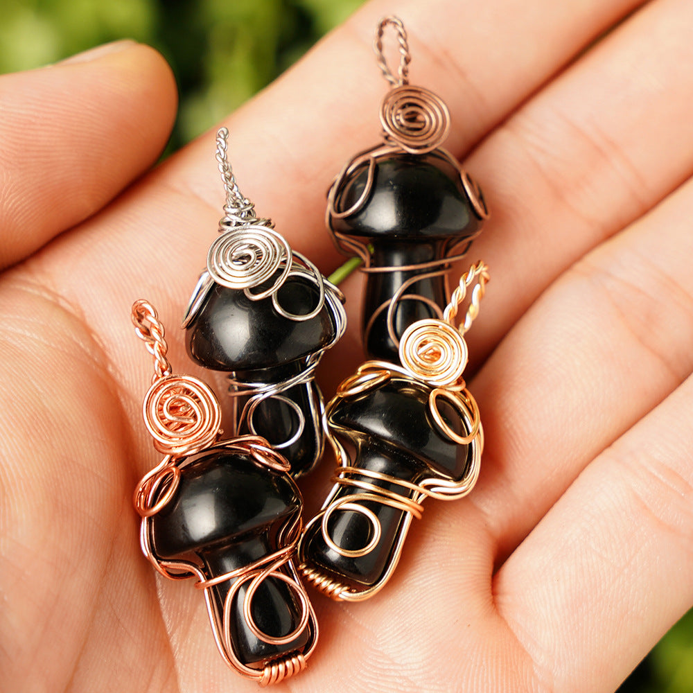 Wholesale Natural Crystal Mushroom Pendant Handmade Silk Cute Little Mushroom Crystal Mesh Bag Necklaces ACC-NE-RongGuan014