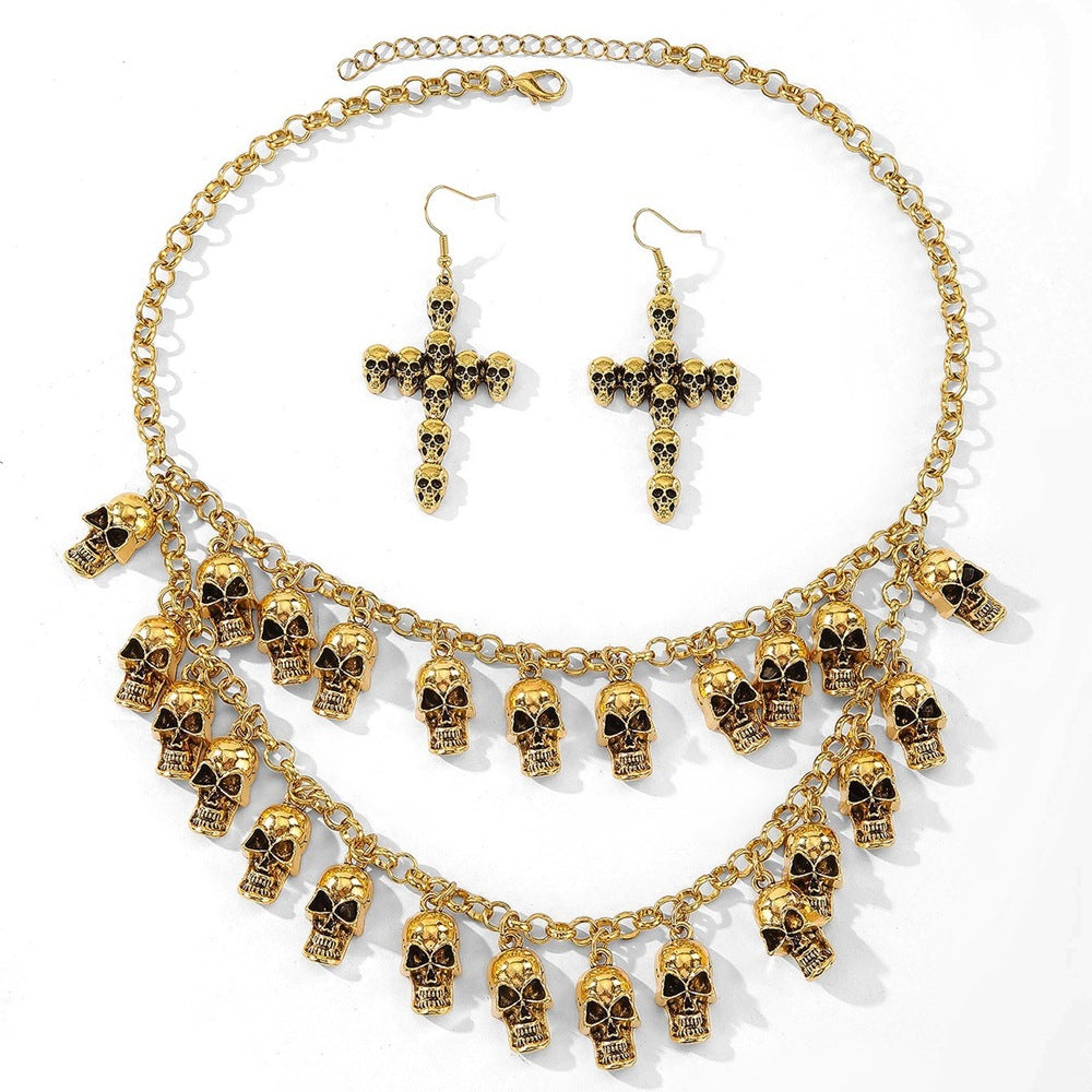 Wholesale Alloy Skull Fringe Necklace and Earrings Set  Gothic Jewelry for Party