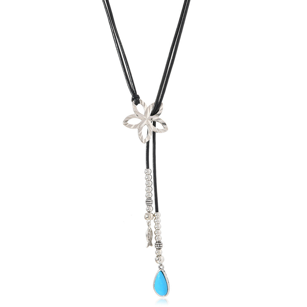 Wholesale Leather vintage floral pendant necklace