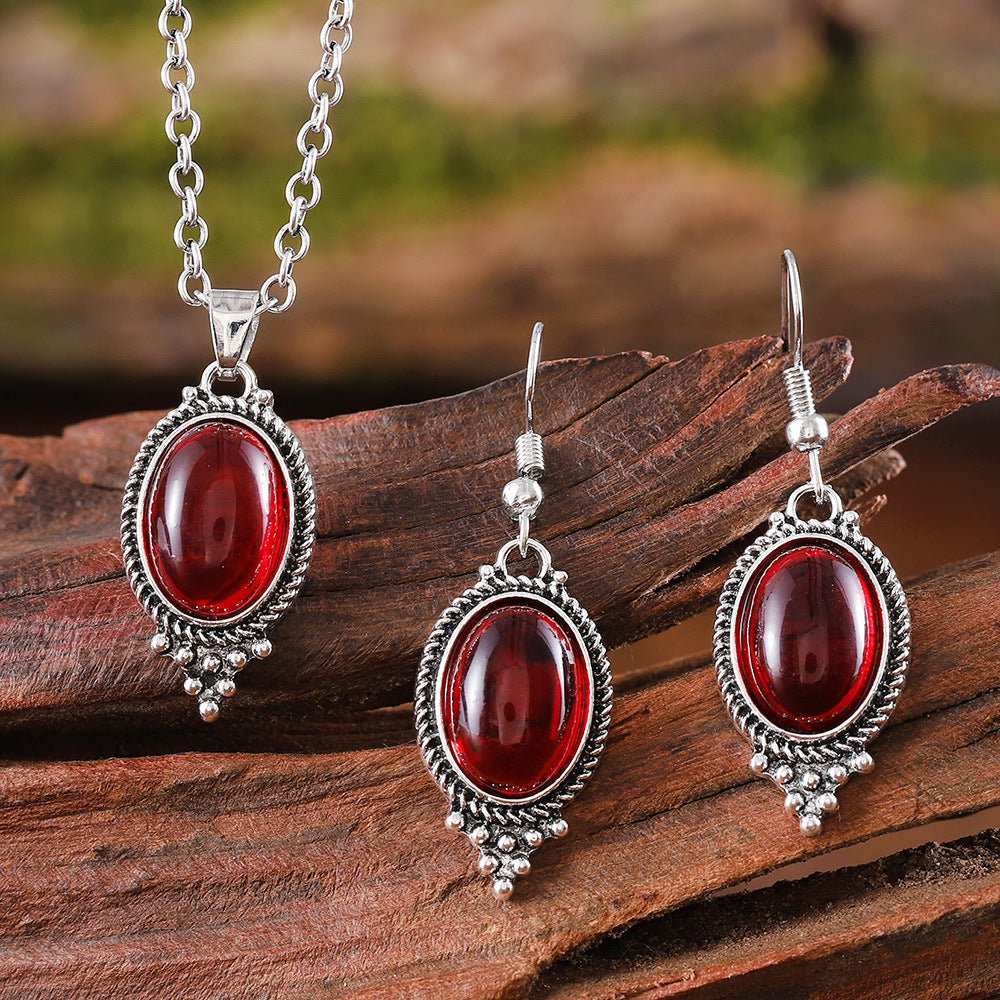 Wholesale Vintage Exquisite Embossed Ruby Oval Glass Pendant Earrings Necklace suit