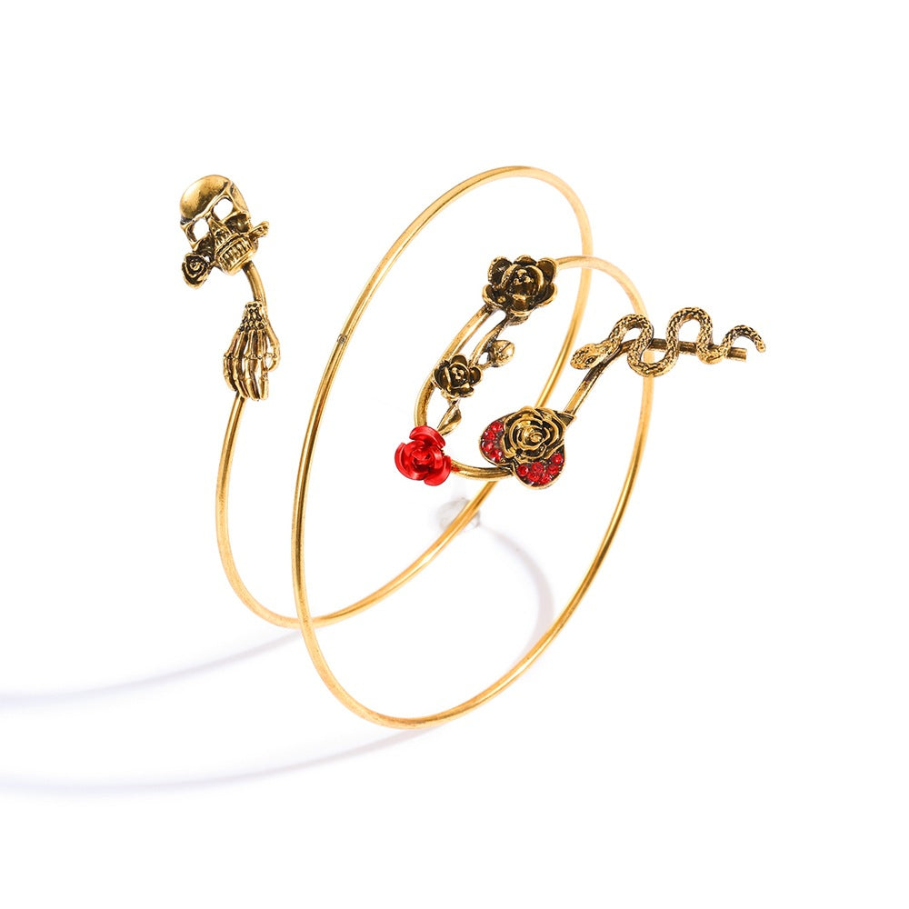 Wholesale Fashion Punk Skull Snake Arm Cuff Antique Silver Alloy Resale Jewelry Accessory