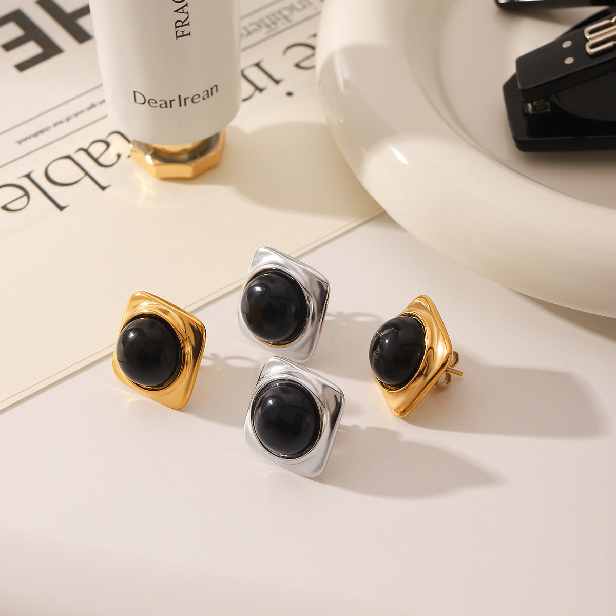 Wholesale  Stainless Steel 18K Gold Inlaid Obsidian Small Square Earrings