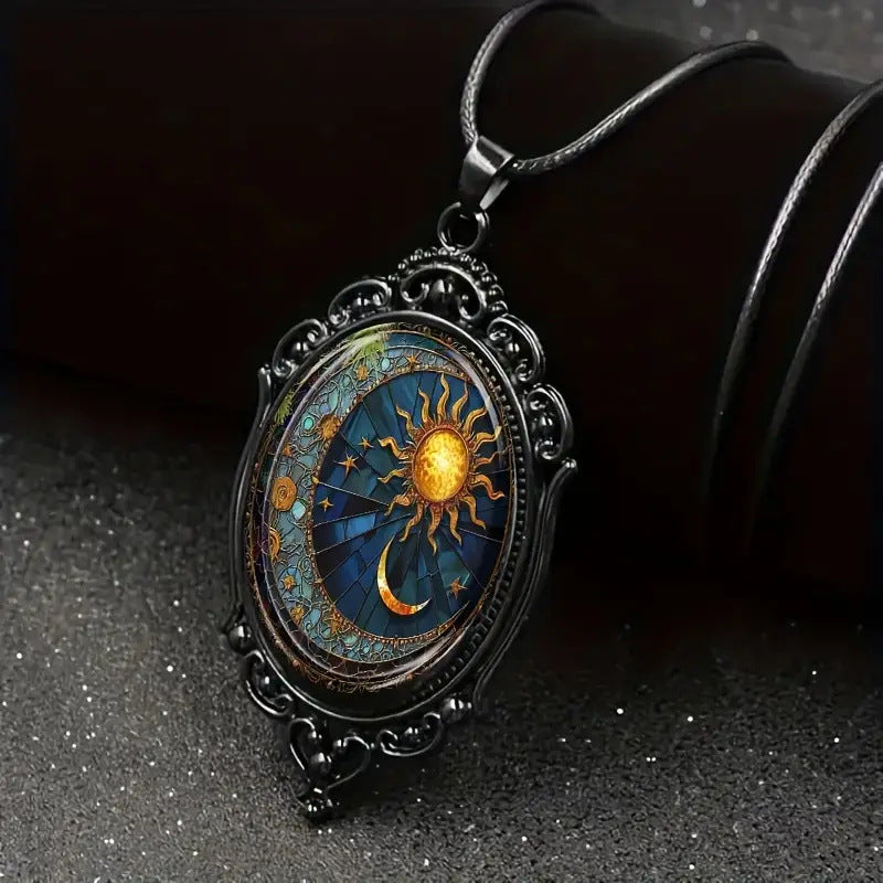 Wholesale Oval Glass Pendant Necklace Sun Moon Black Frame Jewelry Accessory