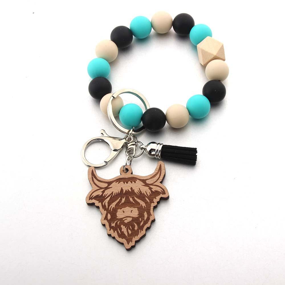 Wholesale Cartoon Western Style Bull Head Wood Chip Silicone Beaded Wristlet Keychain ACC-KC-JinAn015