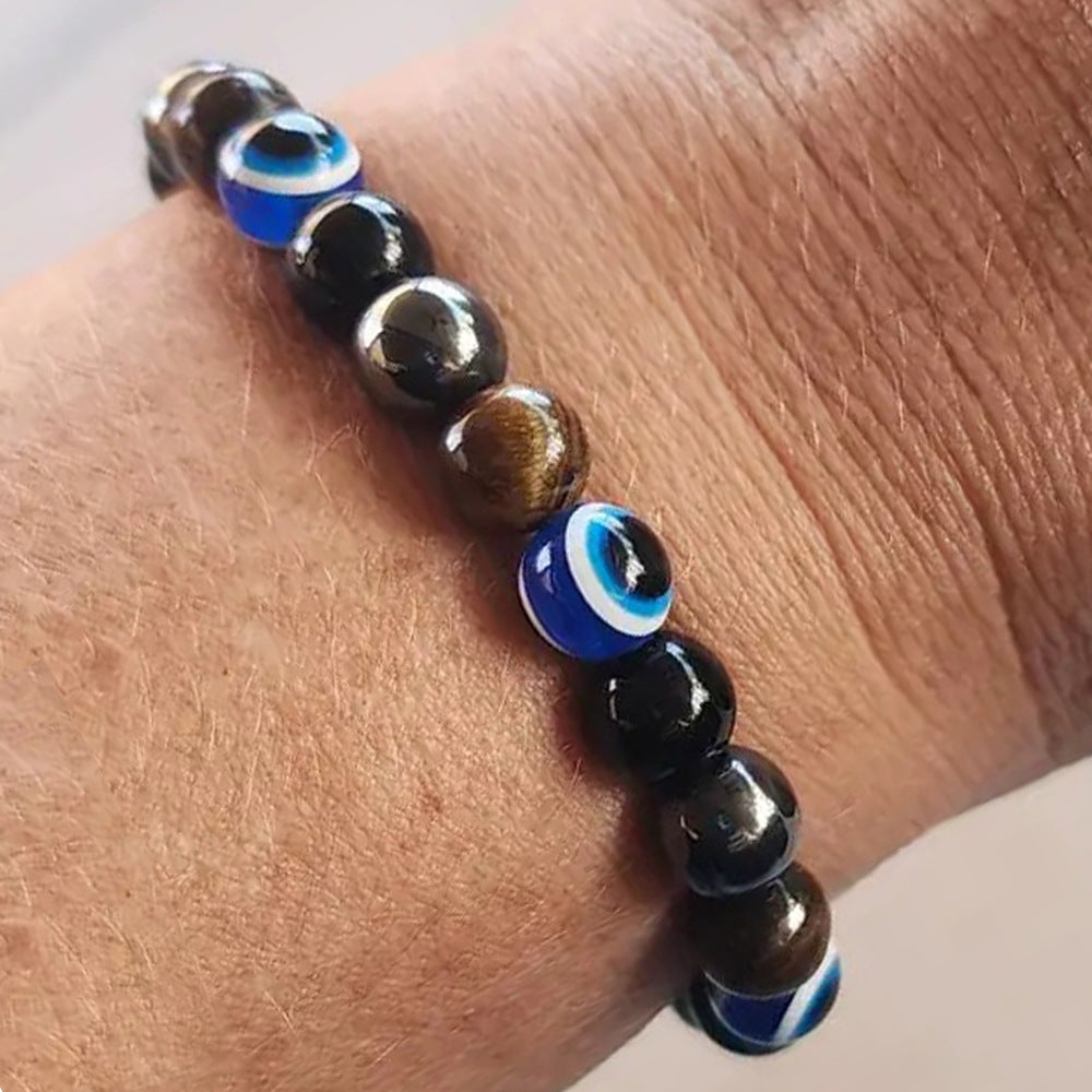 Wholesale Handmade Evil Eye Beaded Bracelet,  Black Stone Tiger Eye Unisex Bracelet,  Trendy Jewelry Accessory for Gift and Everyday Wear