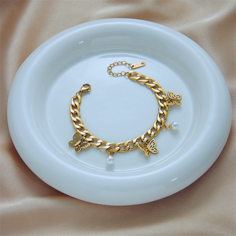 Wholesale  retro chain titanium steel metal Pearl butterfly pendant jewelry bracelet