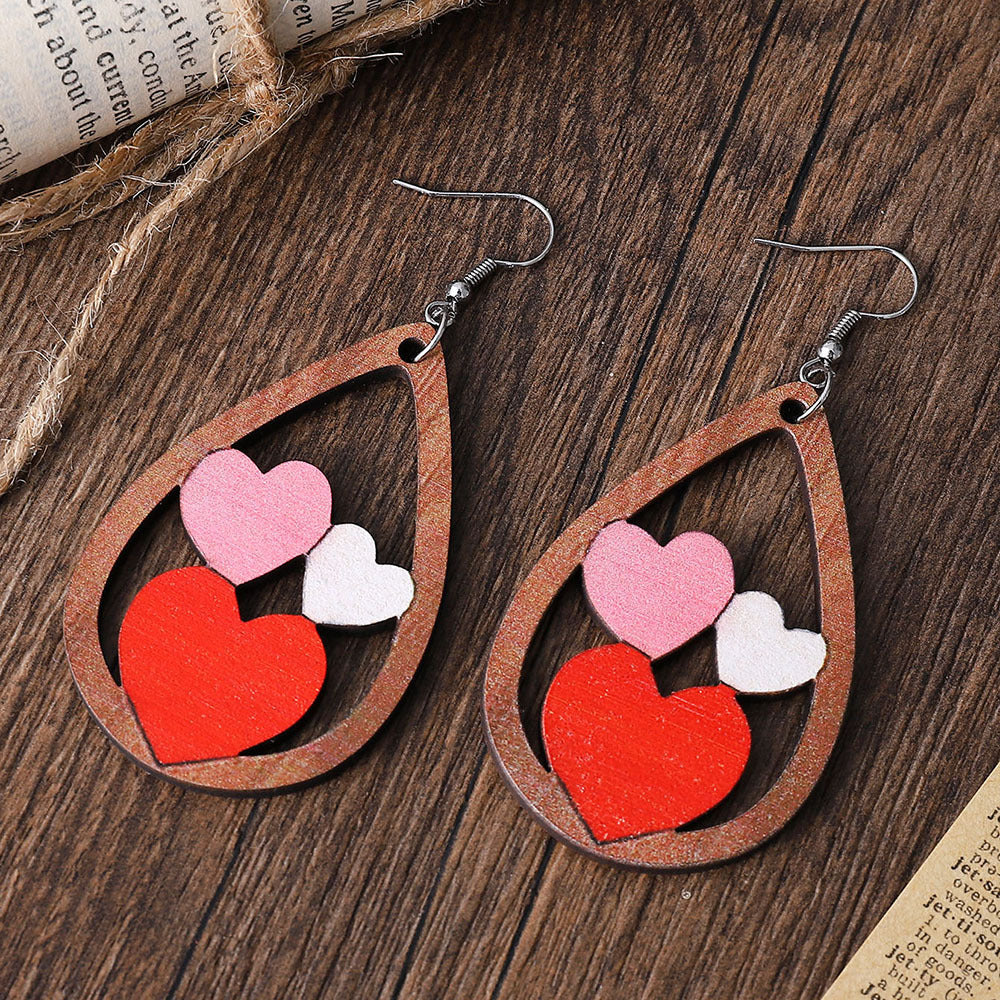 Wholesale water drop lovely double-sided wooden Valentine's Day earrings