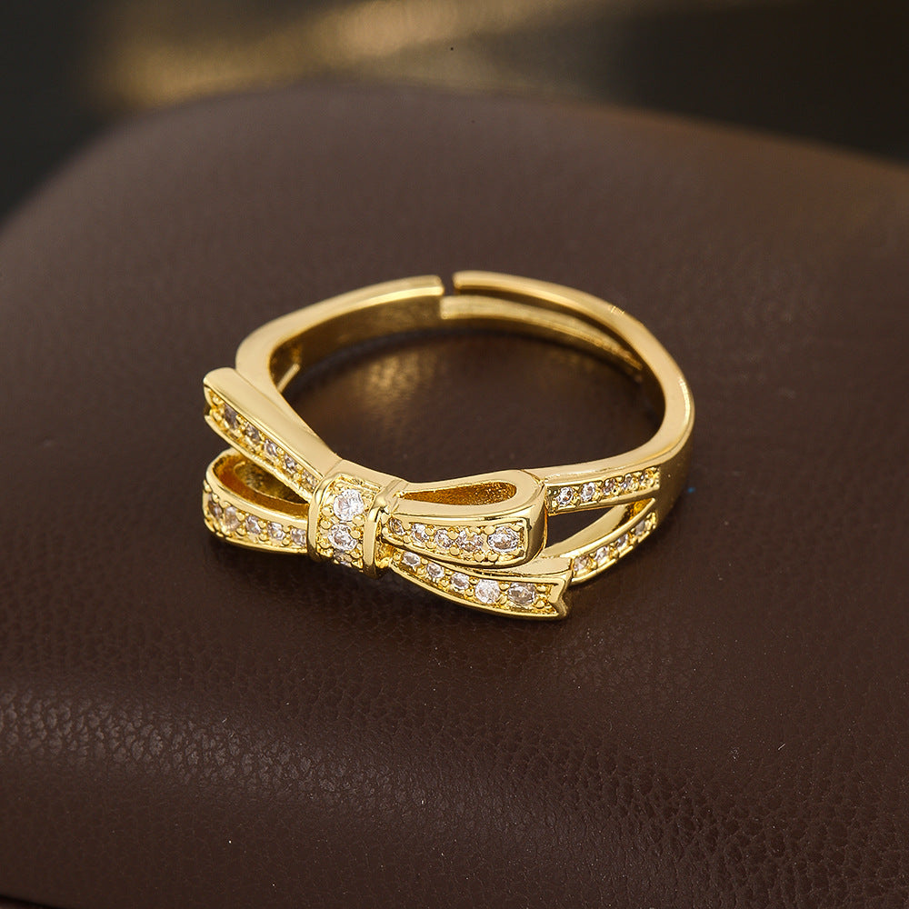 Wholesale Gold Plated Copper Zirconia Bow Ring Adjustable Open Design Fashion Jewelry Accessory For Everyday Wear
