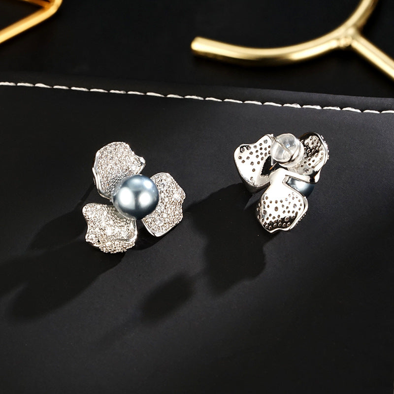 Wholesale full of diamond petals new fashion zircon  flower pearl earrings