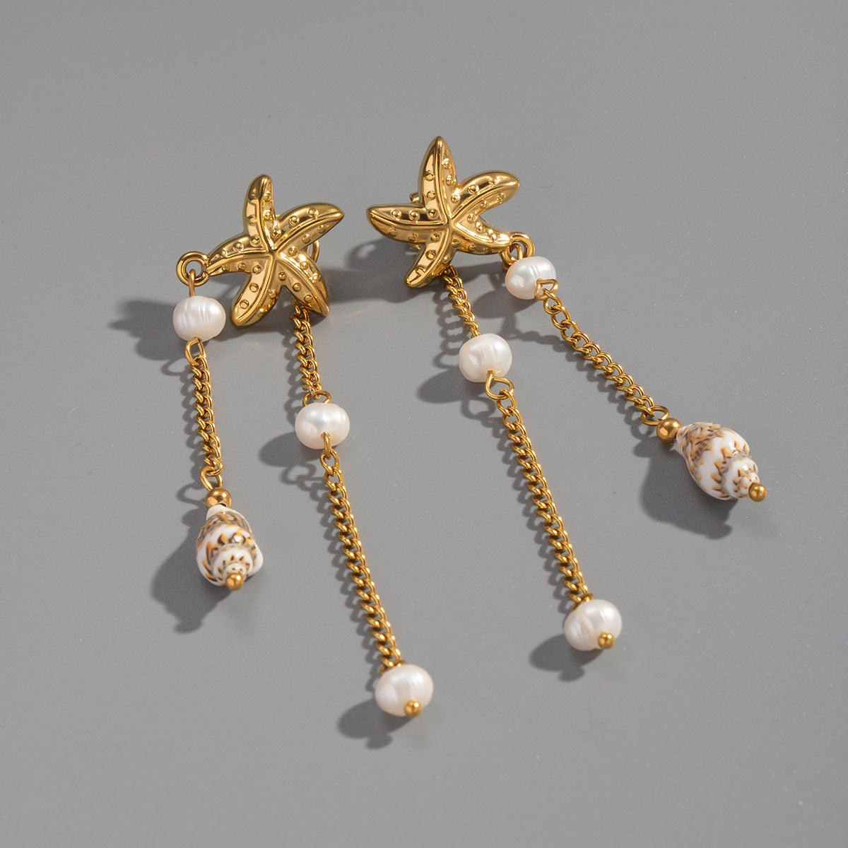 Wholesale Stainless Steel 18K Gold Plated Starfish Tassel Earrings with Freshwater Pearl Beach Style for Boutique Resale