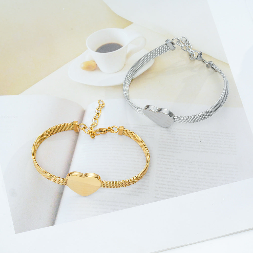 Wholesale Titanium Steel Heart Shape Gold Mesh Bracelet Travel Commemoration Gift Women' s Jewelry Accessory