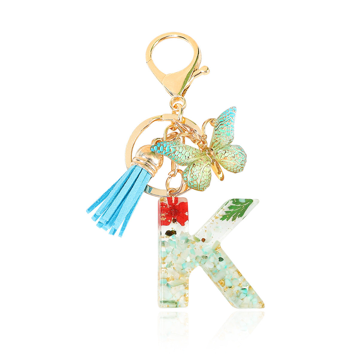 Wholesale Epoxy Green English Letter Dried Flower Crystal Keychain