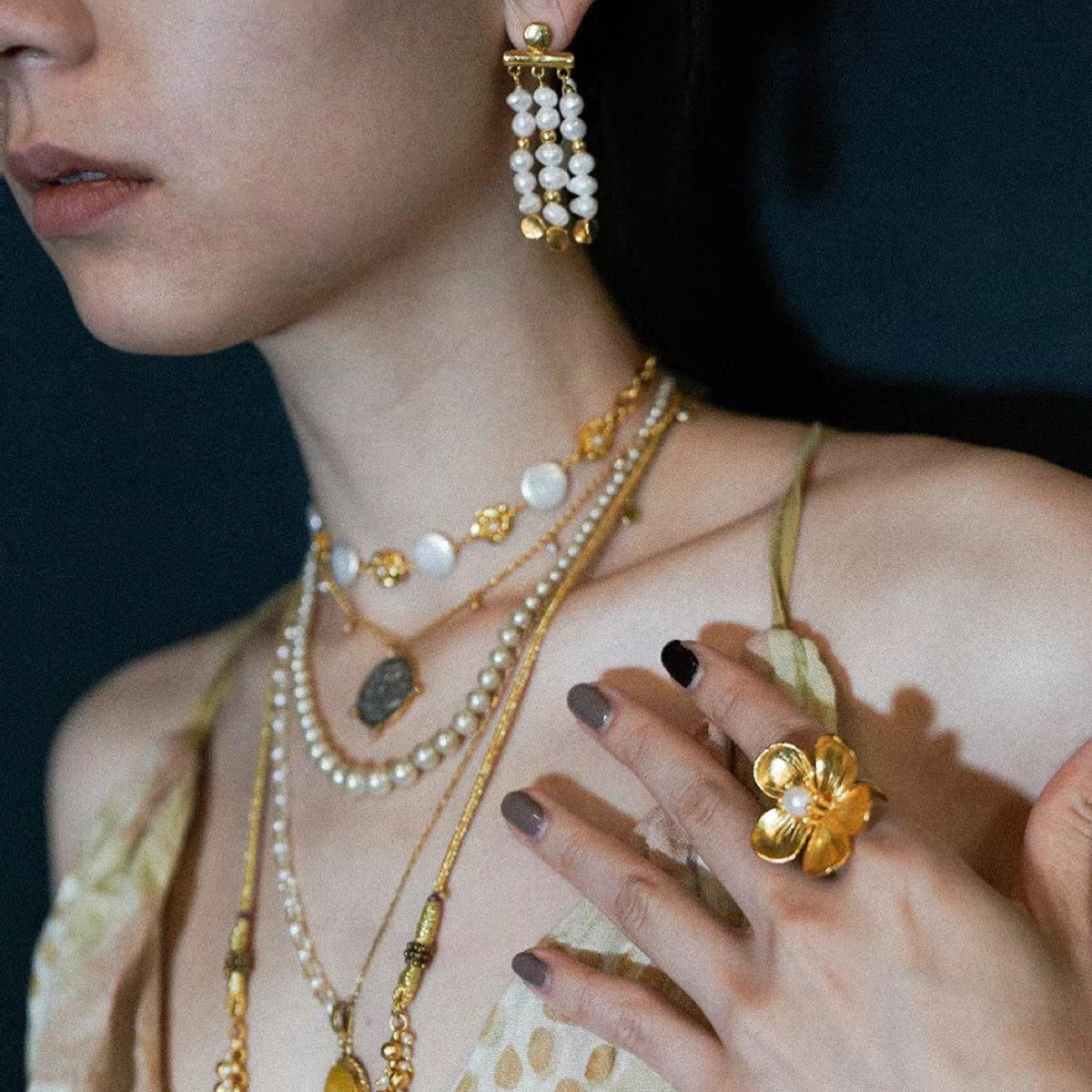 Wholesale  18k gold stainless steel flower pearl opening ring