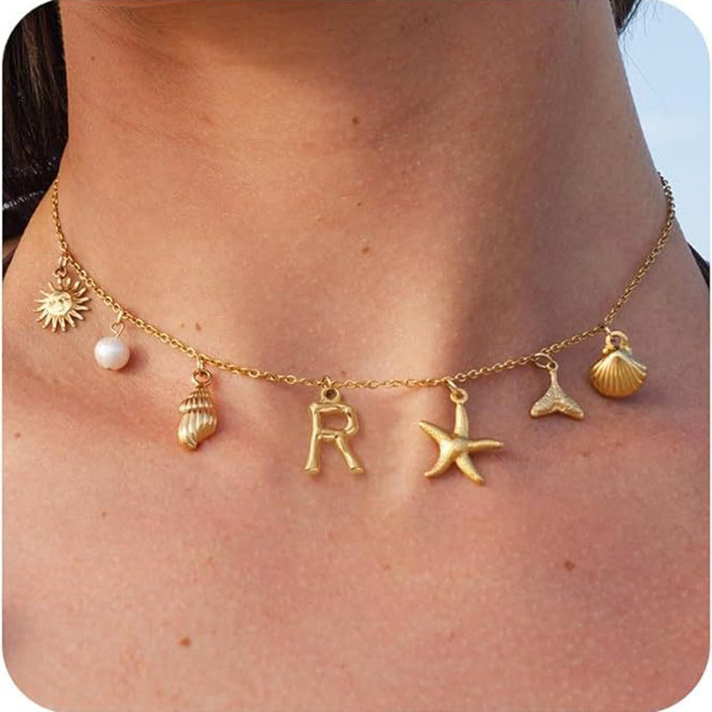 Wholesale Marine Starfish Shell Conch Letter Pendant Necklace - Summer Beach Jewelry Accessory for Boutique Resale