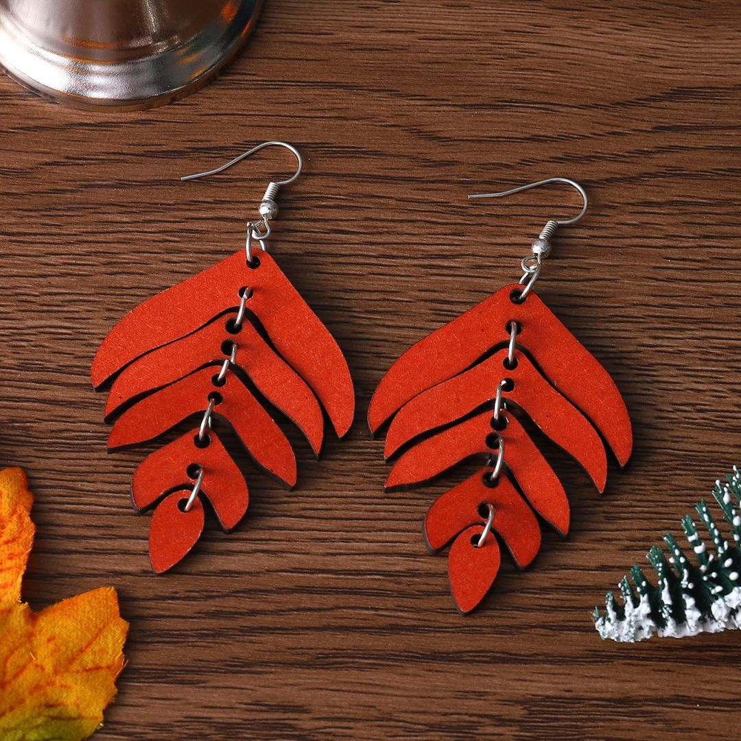 Wholesale Double-sided Wooden Earrings Bohemian Red Leaf Earrings