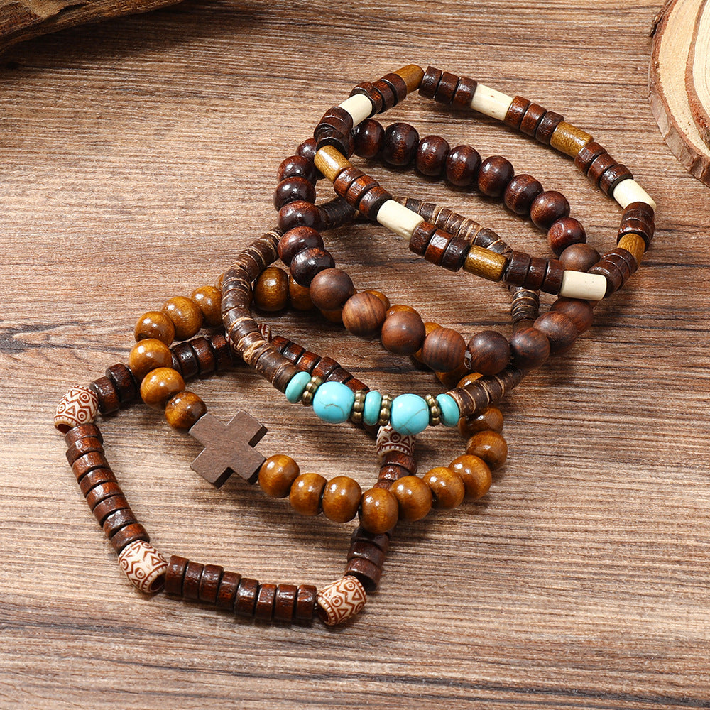 Wholesale Handmade Beaded Bracelet Men's Retro Fashion Turquoise Cross Five-piece Bracelet