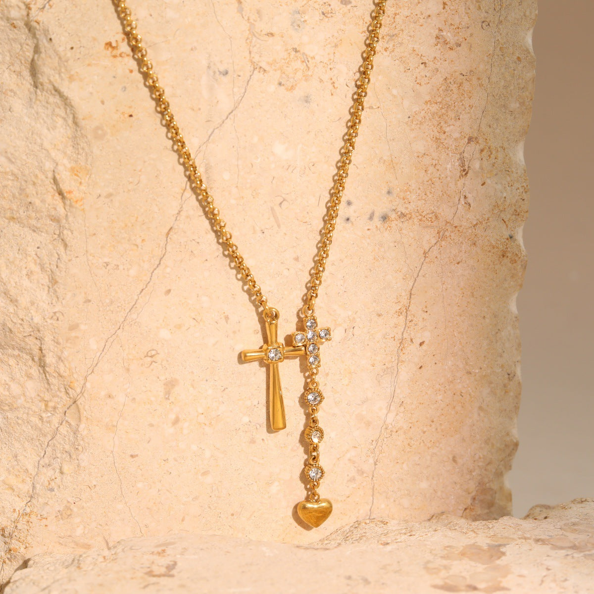 Wholesale Exquisite Stainless Steel Double-Cross  Heart Clavicle Necklace