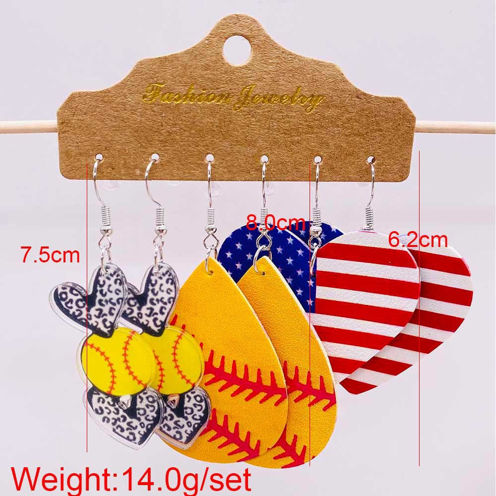Wholesale 3 Pairs of One Card Baseball Football Peach Heart Leopard Print Acrylic Earrings Set