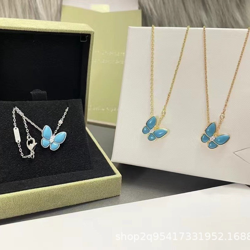Wholesale Gold Electroplated Butterfly Necklace,  Turquoise and Mother-of-Pearl,  Trendy Jewelry Accessory