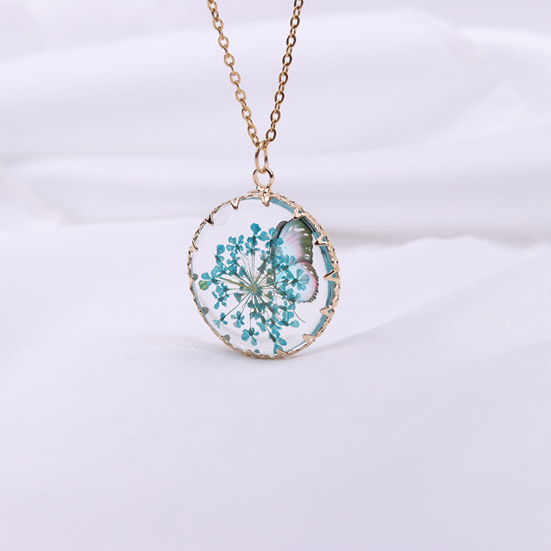 Wholesale Butterfly  Gold and Silver Dried Flower Glass Pendant Necklaces