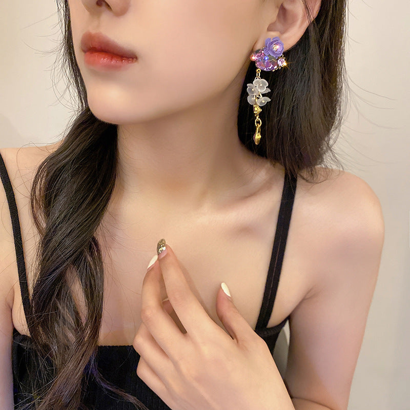 Wholesale 925 Silver Needle Retro Purple Crystal Love Flower Earrings